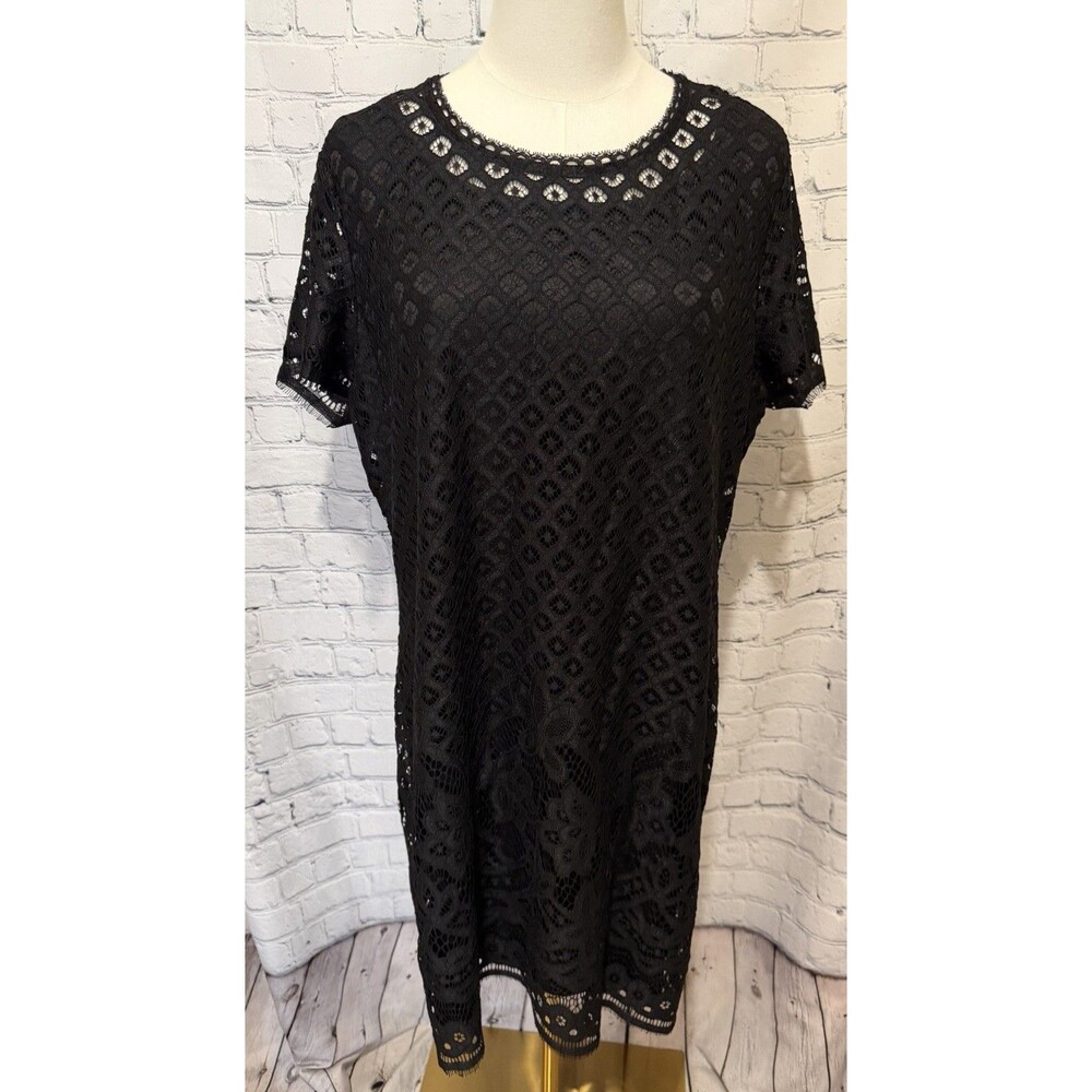 Isaac Mizrahi Live QVC Stretch Lace Short Sleeve Dress-Black Size Large